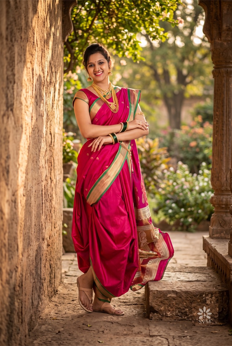 Model in a pink Nauvari saree, outdoor golden-hour portrait